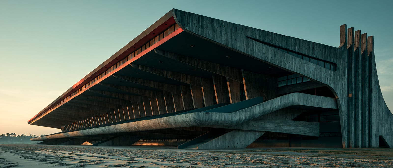 Tribuna modernista do Hipódromo do Cristal, com cobertura em balanço e linhas horizontais, ao entardecer